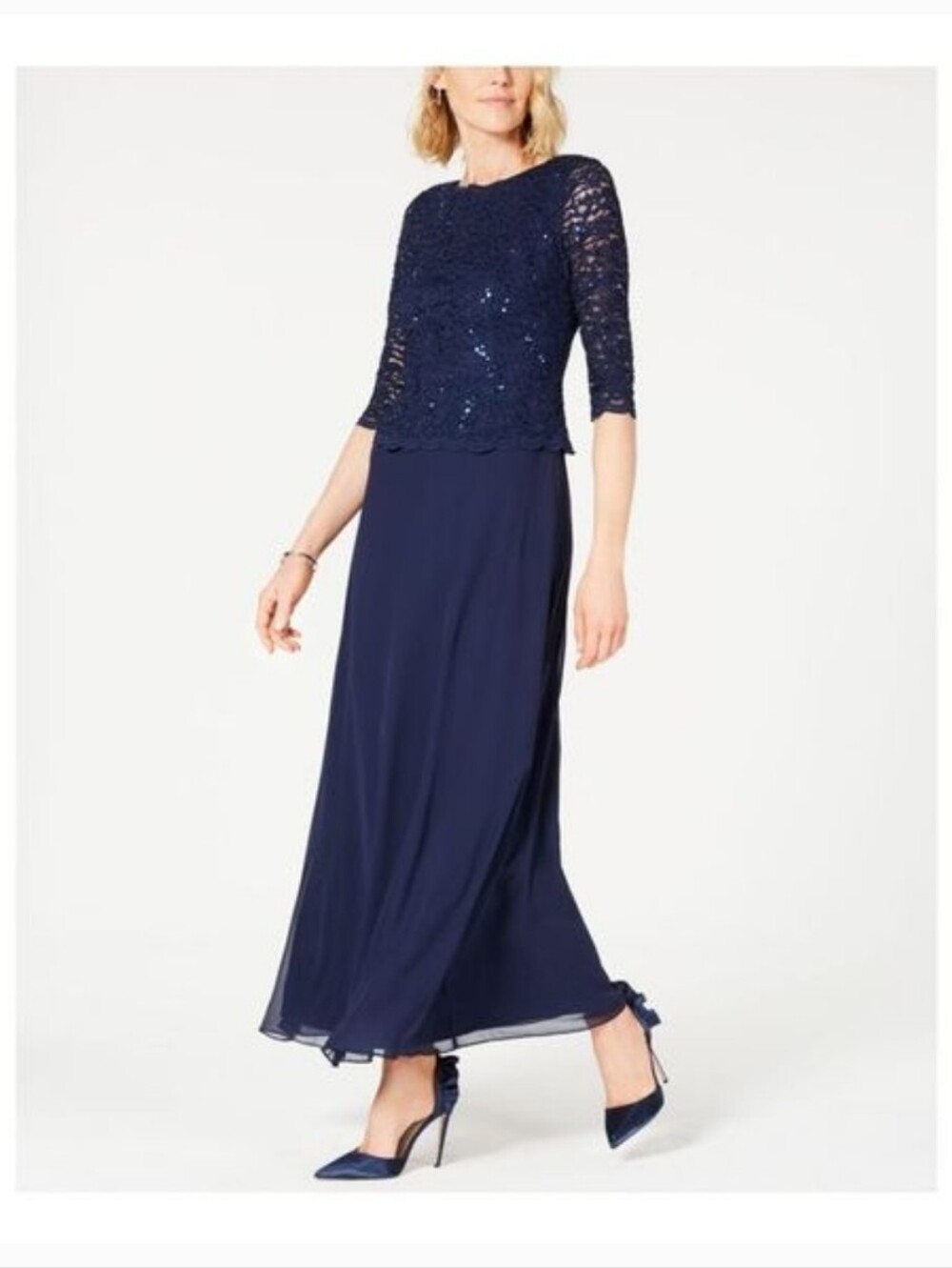 Elegant Navy Sequin Overlay Evening Dress
